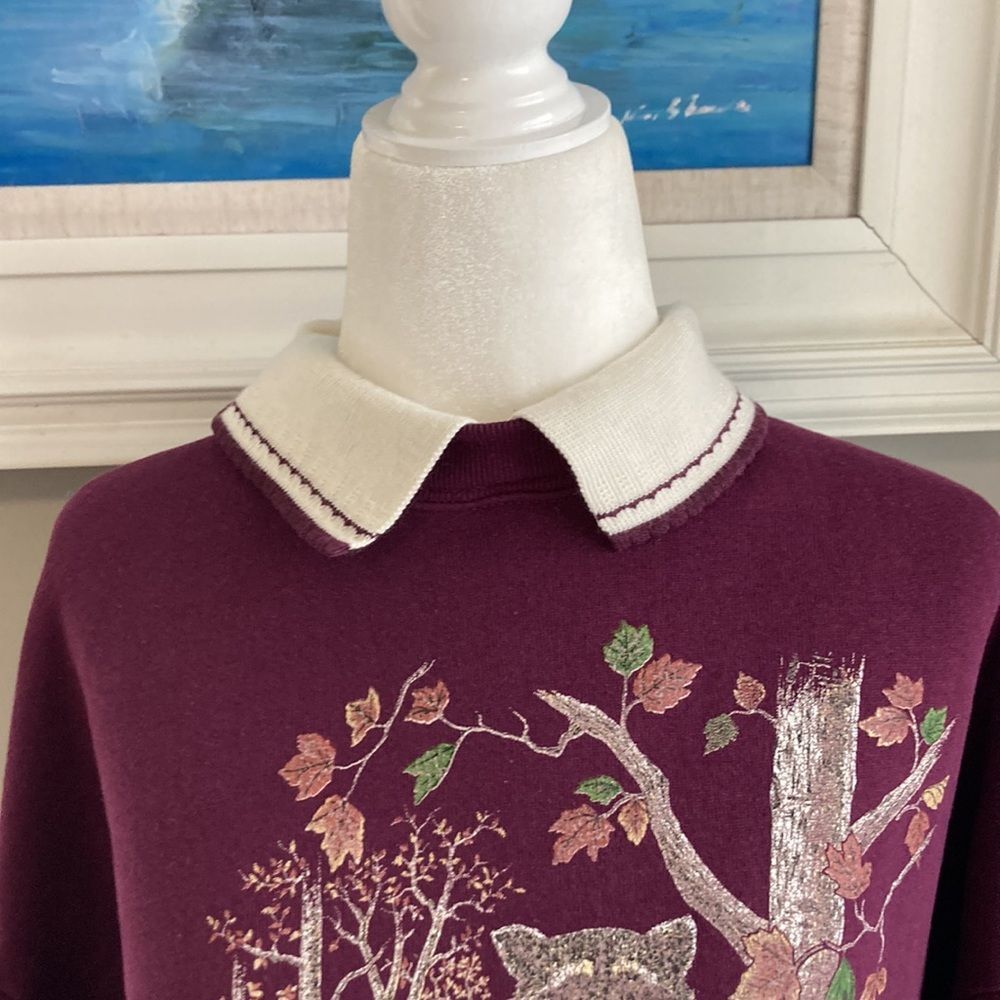 Vintage 90s 80s Morning Sun Purple Racoon Forest Collared Sweatshirt Large - Picture 5 of 12